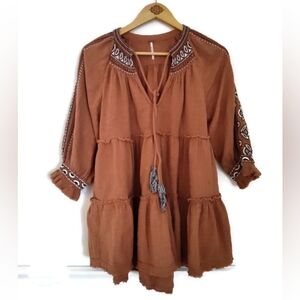 Free People Terracotta ColorBoho Festival Hippie Cotton Peasant Top Size Small